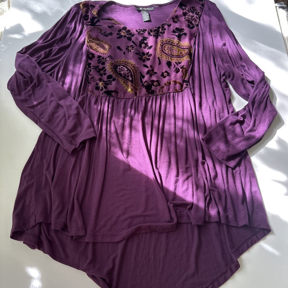 Boho Paisley Velvet Burnout Tunic Top Plus 3X Hi Low Purple Long Sleeve Fairy